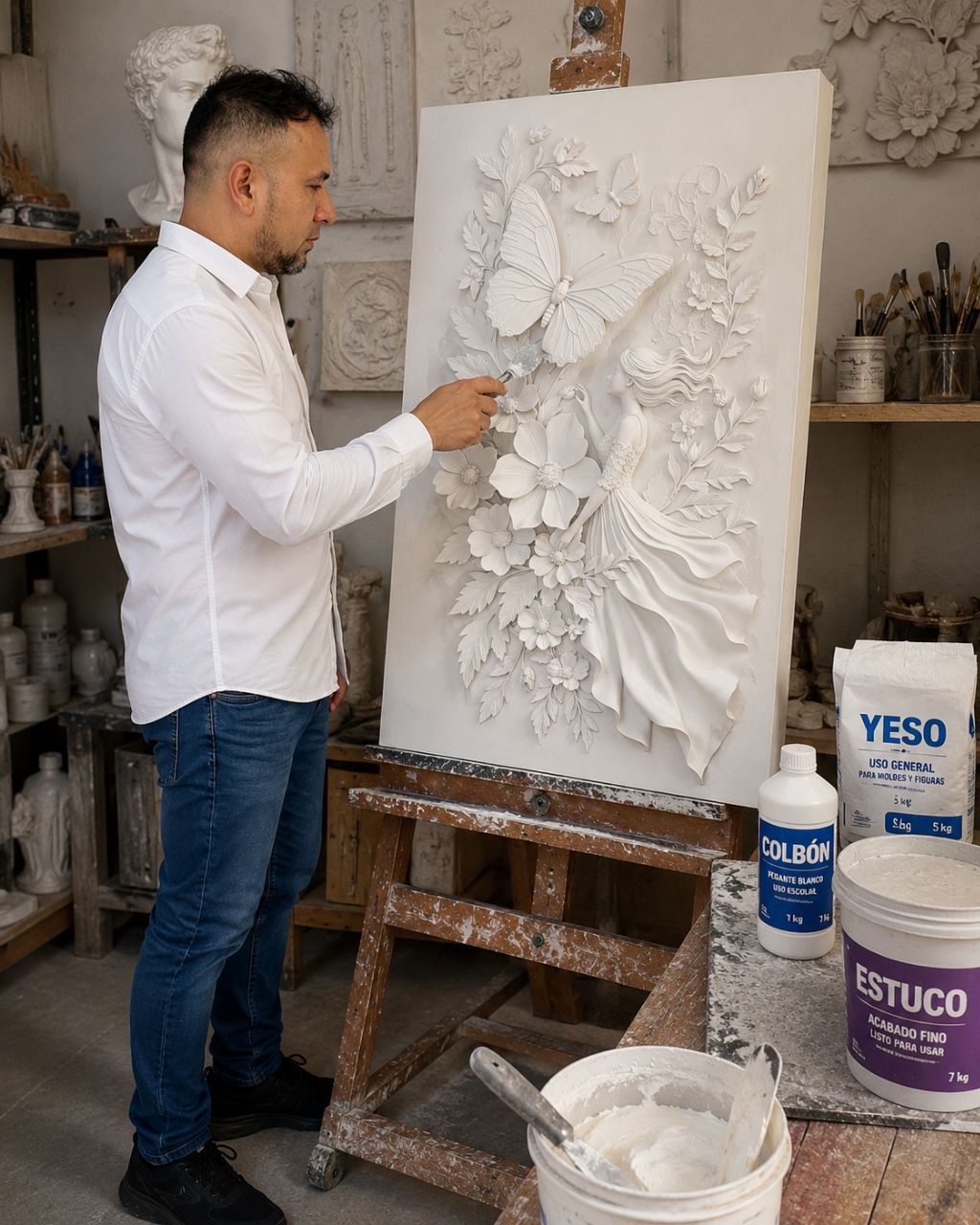 Nelson Canacue trabajando en su taller de escultura en relieve