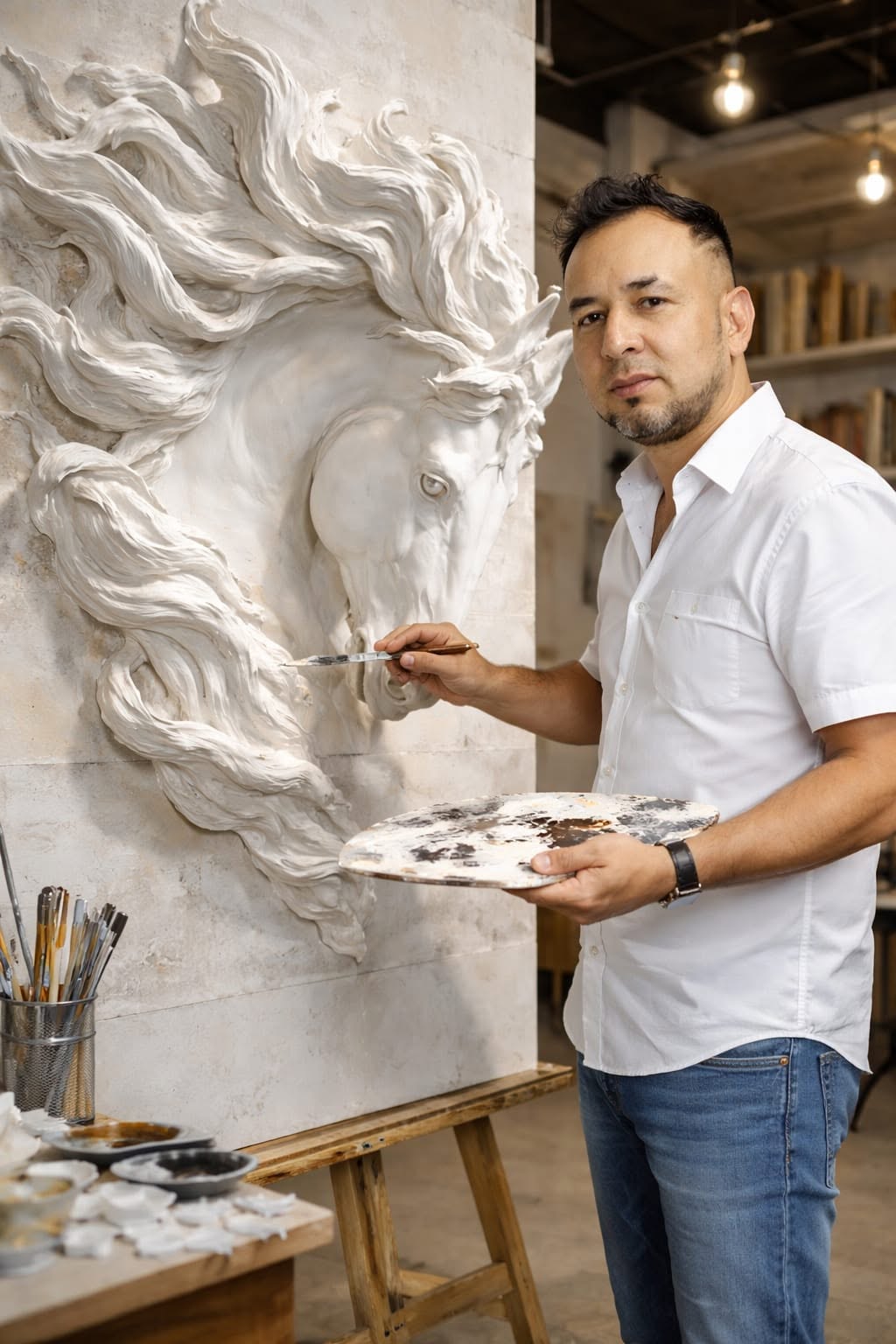 Nelson Canacue junto a su escultura en relieve de caballo blanco