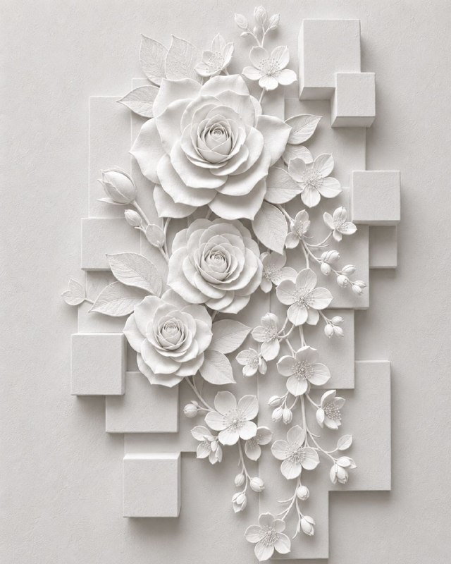 Rosas blancas en relieve con cubos geométricos