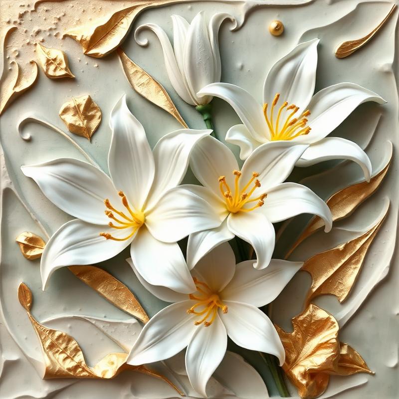 Lirios blancos en relieve con hojas doradas