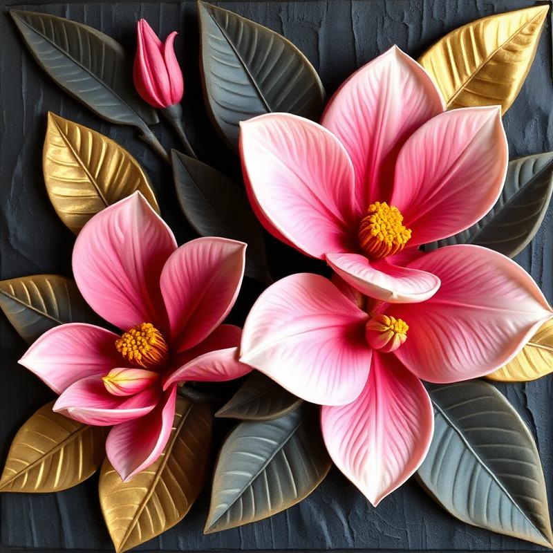 Magnolias en relieve sobre fondo oscuro
