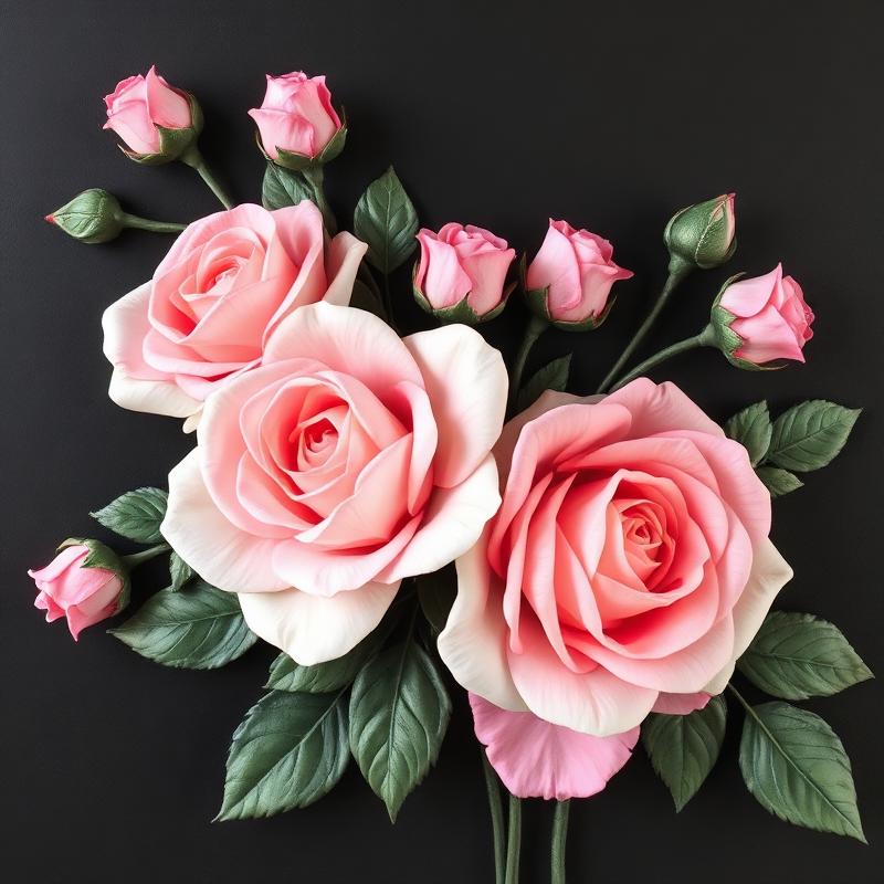 Rosas rosadas en relieve sobre fondo negro